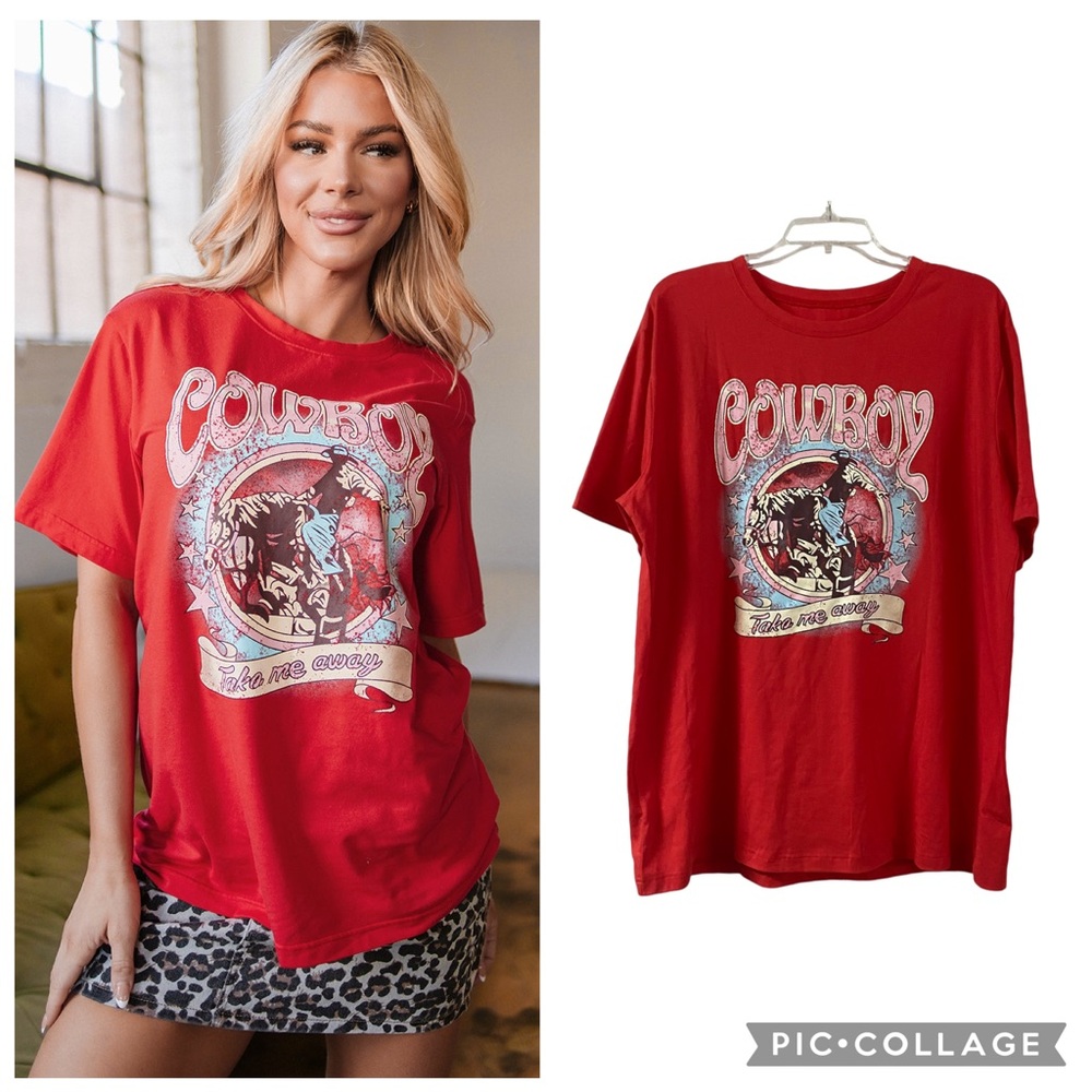 Cowboy Take Me Away Graphic Tee - Red Short Sleeve
